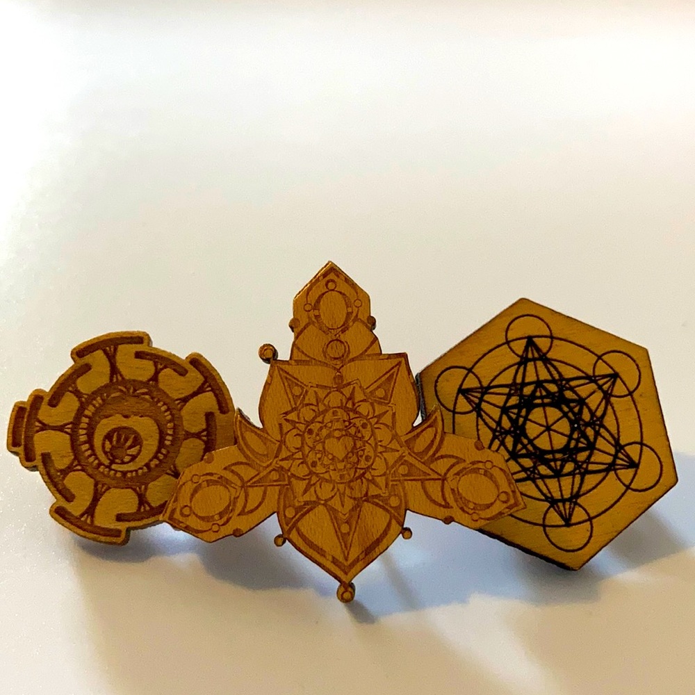 Trio of wooden laser cut wooden hat pins